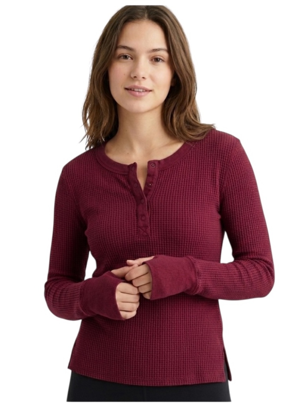 Aerie OFFLINE Waffle Knit Henley Top Sz M Red Slouchy Oversized Thermal Granola